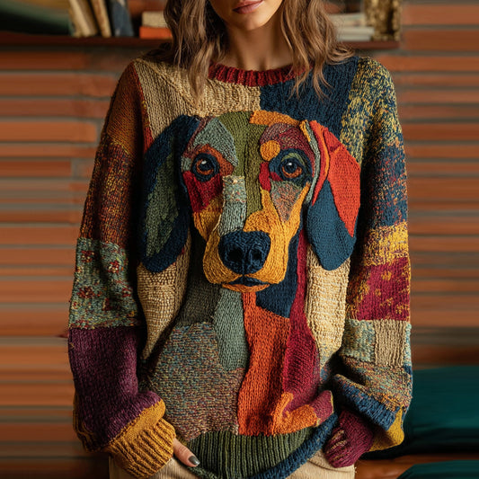 Comstylish Vintage Classic Patchwork Dachshund Inspired Cozy Knit Sweater