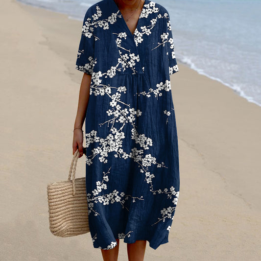 Comstylish Japanese Cherry Blossoms Art  Printed V Neck Casual Midi Dress