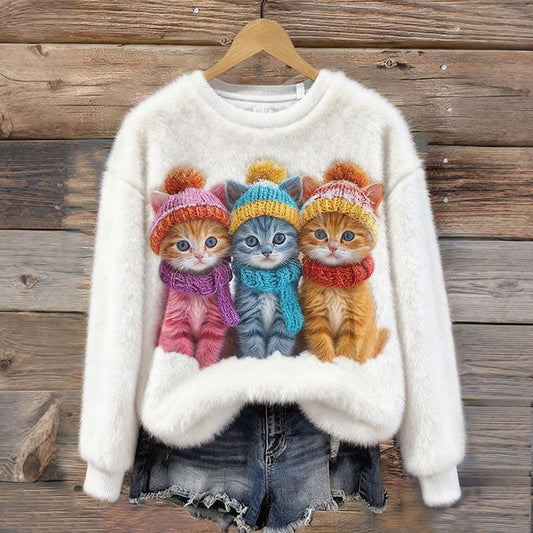 Cute Christmas Hat With Cat Pattern Thick Pullover Sweater elevenforest