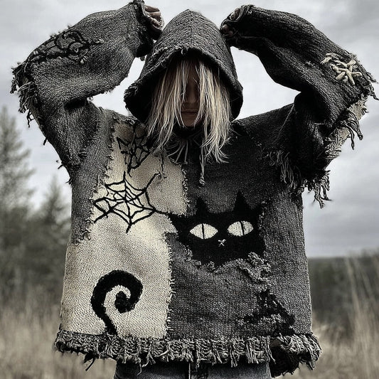 Halloween Scared Black Cat Patchwork Stitched Cozy Knit Hooded