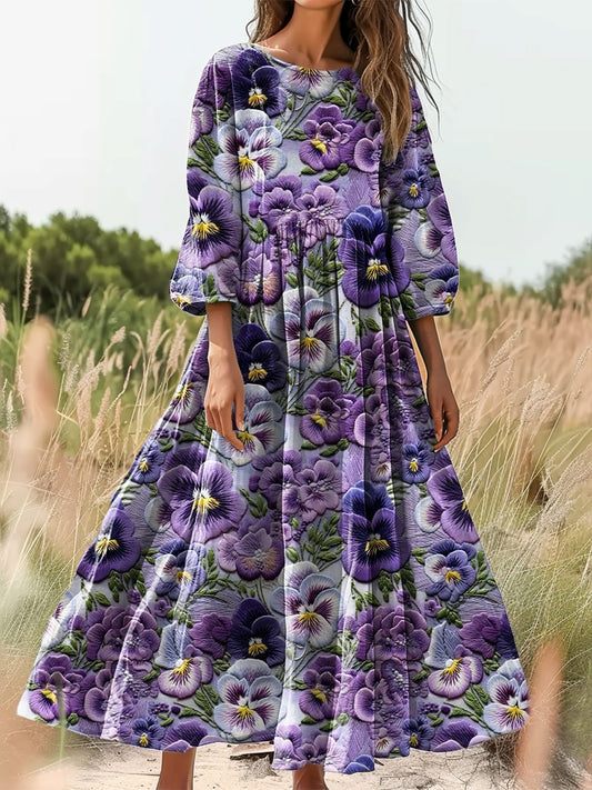 Comstylish Women's Floral Print Flowy Cotton Crew Neck Dress