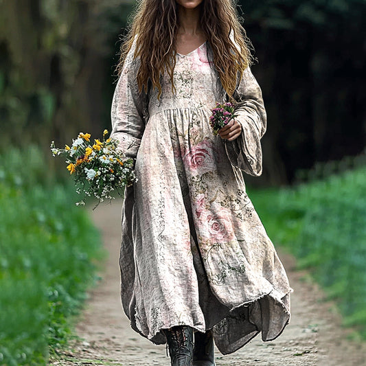 Comstylish Women's Vintage Floral Art Cotton And Linen Dress