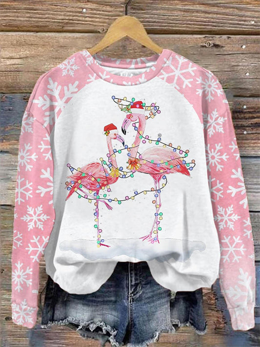 Comstylish Pink Christmas Flamingos Print Sweatshirt