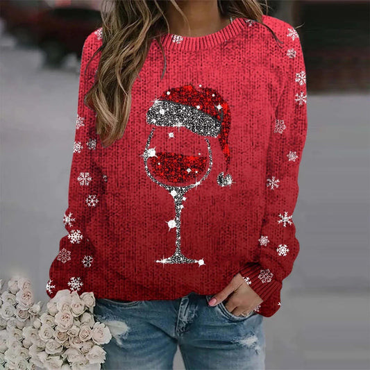Juliana® | Warm sweater with Christmas wine glass and printed Santa hat for women