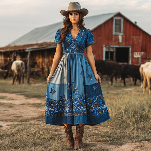 Women's Vintage Texas Bluebonnets Patchwork Print V-neck Short Sleeves Midi Dress artswardrobe
