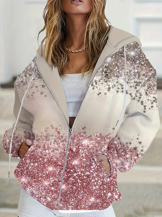 Comstylish Winter Christmas Glitter Women's Zipper Hooded Sweatshirt