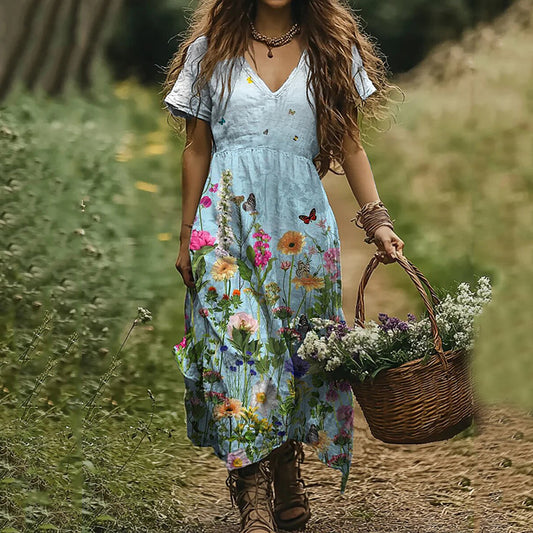 Vintage Wildflowers And Butterflies Art Linen V-neck Dress artswardrobe