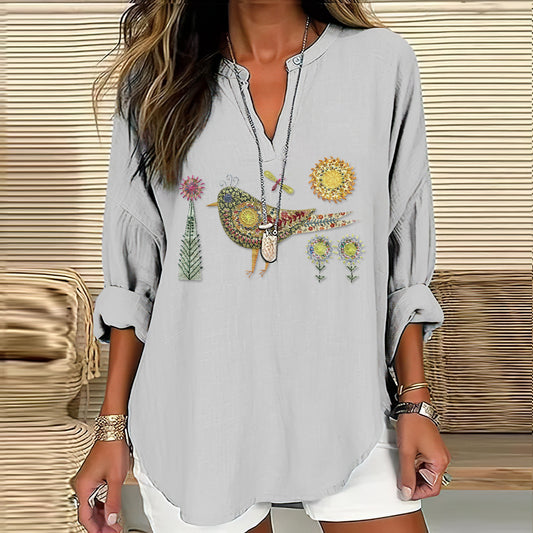 Women's Vintage Ethnic Floral Bird Art Embroidery V-neck Shirt artswardrobe