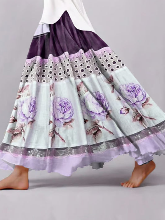 Women's Retro Casual Purple Floral Splicing Skirt artswardrobe