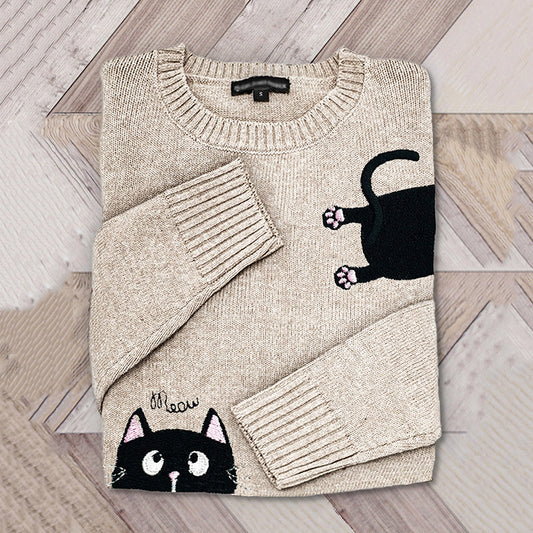 Funny Black Cat Embroidery Jacquard Art Cozy Sweater elevenforest