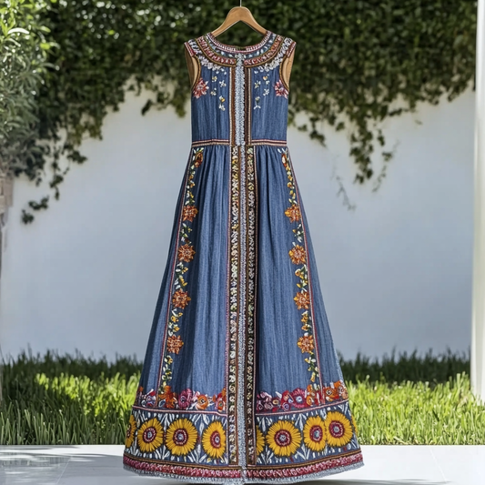 Vintage Ethnic Sunflower Embroidery Art Denim Sleeveless Dress artswardrobe