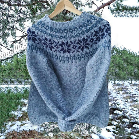 Unisex Vintage Blue Icelandic Knit Jacquard Warmth Crew Neck Sweater elevenforest
