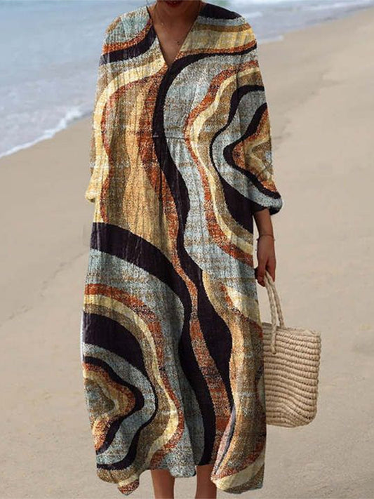 Comstylish Vintage Geometric Art Linen Blend Maxi Dress