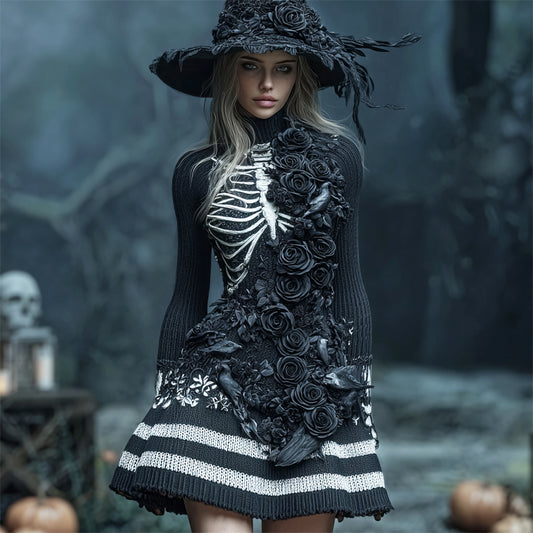 Comstylish Halloween Crow Feather & Dark Floral Art Women's Knit Turtleneck Mini Dress