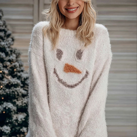 Christmas Snowman Face Embroidered Cozy Sweater Dress artswardrobe