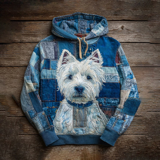 Comstylish Denim Dog Print Art Casual Hoodie