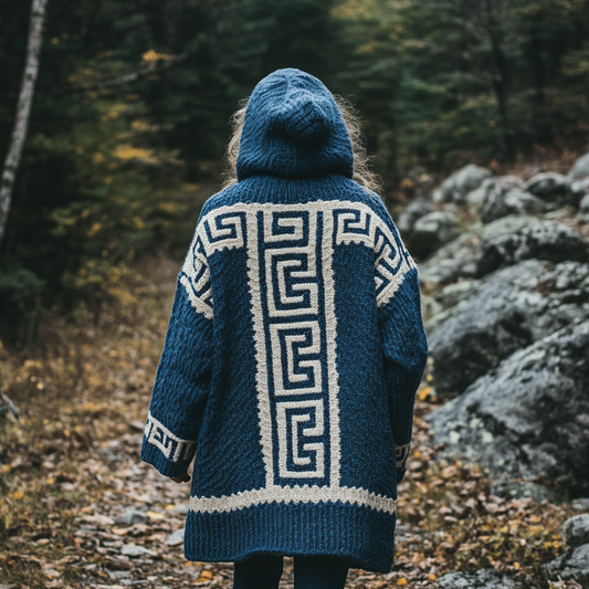 Women's Greek Art Inspired Jacquard Knit Cozy Hooded Cardigan elevenforest