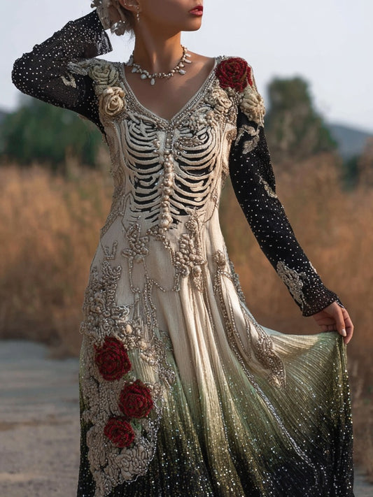 Comstylish Vintage Skeleton Roses Glitter Gradient Flowy Maxi Dress
