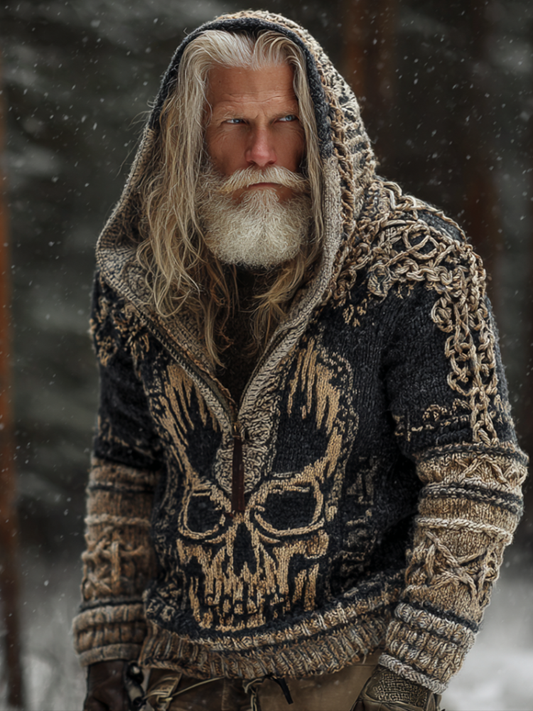 Halloween Skeleton Element Viking Style Men's Hooded Pullover Knit Sweater elevenforest