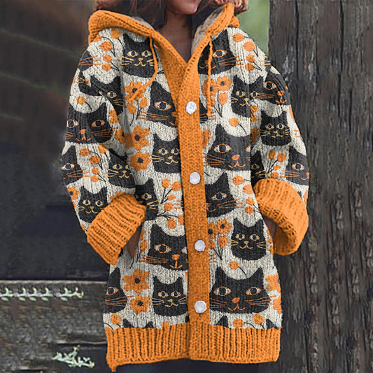 Floral Black Cat Pattern Cozy Hooded Cardigan elevenforest