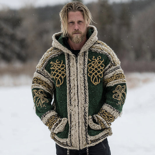 Men's Vintage Celtic Knot Jacquard Zipper Contrast Color Aran Sweater elevenforest