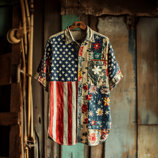 Men's Retro American Flag Independence Day Contrast Patchwork Pattern Linen Shirt artswardrobe