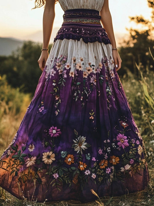 Women's Boho Floral Embroidery Purple Gradient Cotton Flowing Half Elastic Skirt artswardrobe