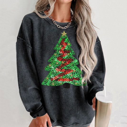 Comstylish Sequin Christmas Tree Print Crew Neck Sweatshirt