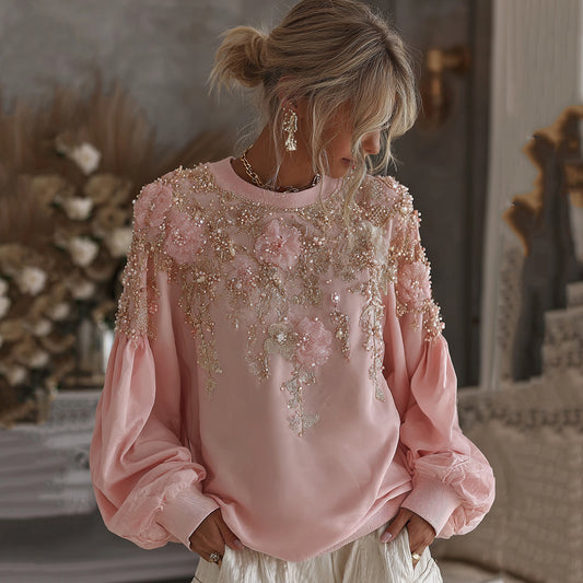 Comstylish Women's Vintage Pink Rose Embroidery Art Round Neck Casual Sweatshirt