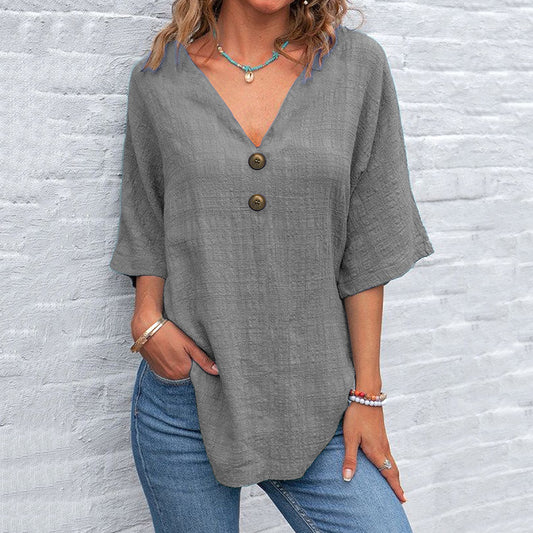 Women's Solid Color Button Linen V-neck T-shirt artswardrobe