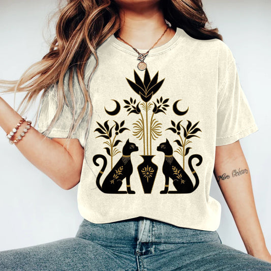 Women's Ancient Egyptian Cat Graphic Crew Neck T-shirt