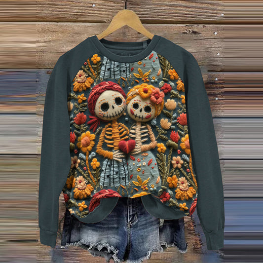 Comstylish Mexican Day Of The Dead Skull Pattern Embroidered Contrast Color Cozy Sweatshirt