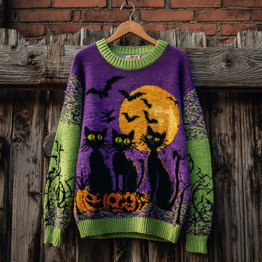 Halloween Black Cat Color Clash Women's Knitted Sweater elevenforest
