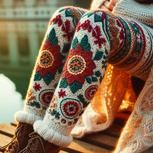 Vintage Colorblock Crochet Patchwork Floral And Leaf Cozy Knit Leggings elevenforest