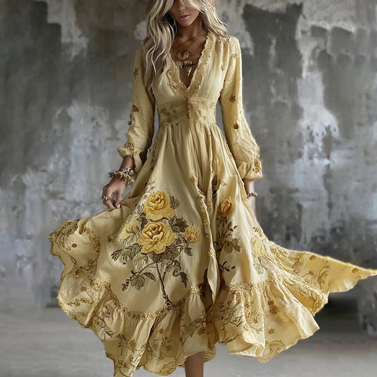 Comstylish Women's Yellow Roses And Floral Art Print V-neck Long Sleeve Maxi Dress