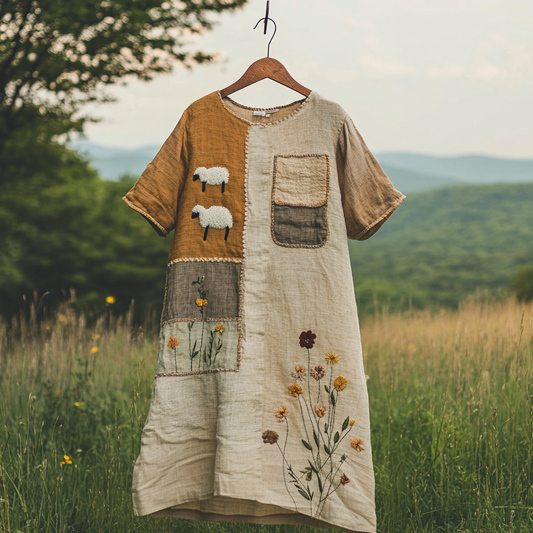 Sheep Floral Patchwork-print Linen Midi Dress artswardrobe