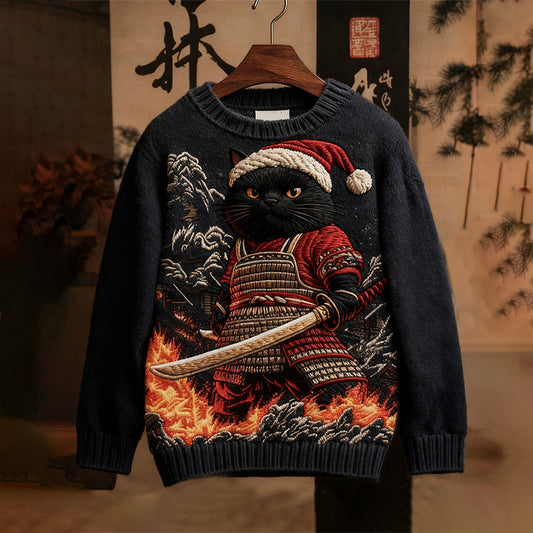 Men's Vintage Funny Christmas Black Cat Samurai Art Jacquard Knit Sweater elevenforest