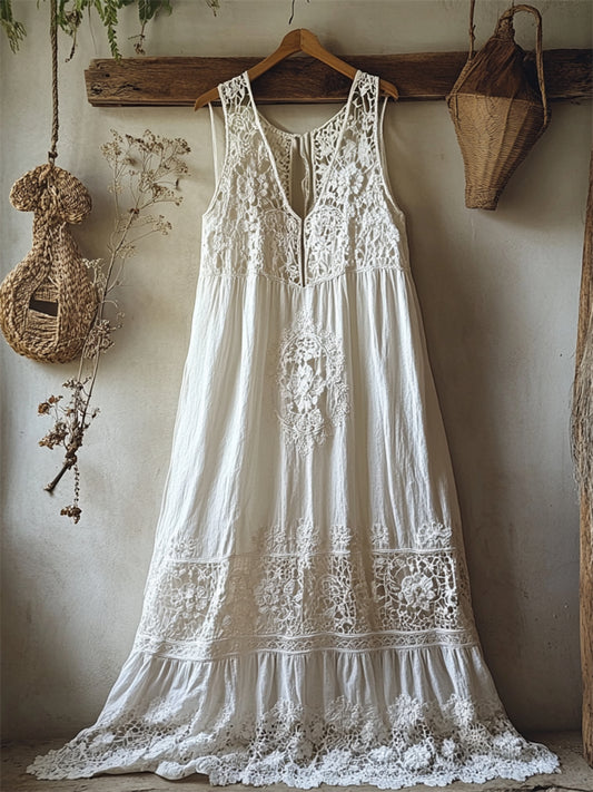 Boho Floral Hollow Lace Patchwork Linen Maxi Dress artswardrobe