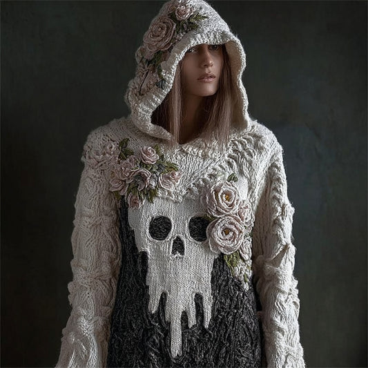 Comstylish Halloween Melting Skull Face Floral Art Women's Gradient Knit Hoodie