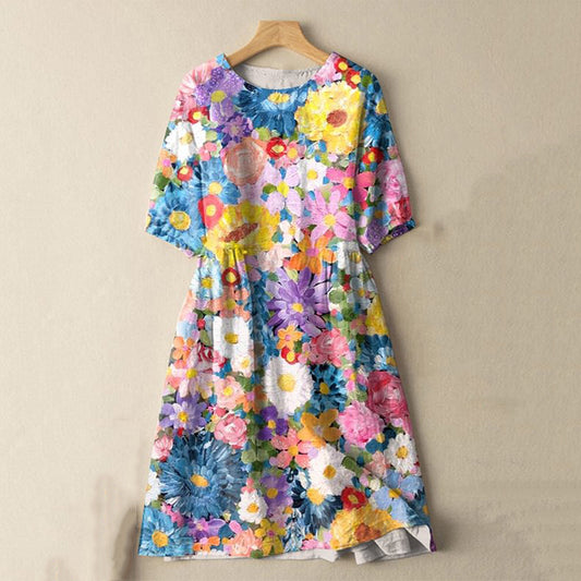 Comstylish Japanese  Colorful Watercolor Spring Flowers Print Cotton Linen Blend Midi Dress