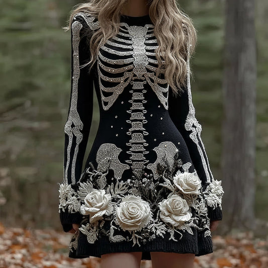 Women's Vintage Skull Rose Comfortable Elegant Sweater Dress artswardrobe