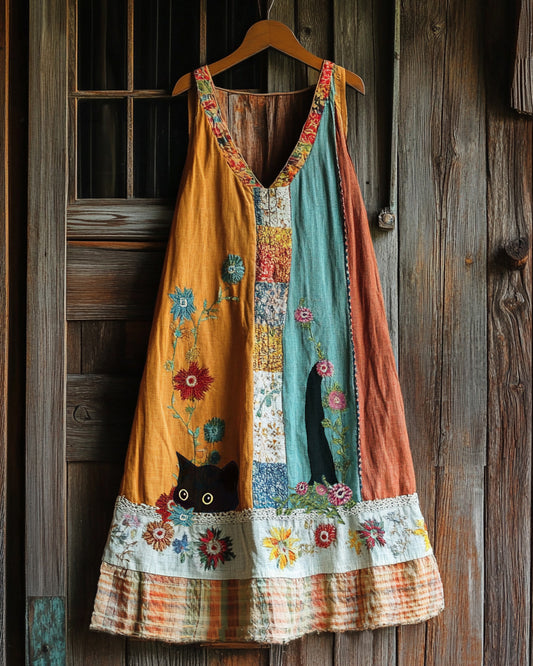 Comstylish Vintage Black Cat And Patchwork Linen Tank Dress