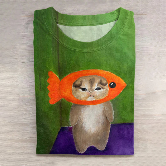Abstract Creative  Cute Cat With Fish Hood Art Print Cotton Graphic T-shirt elevenforest