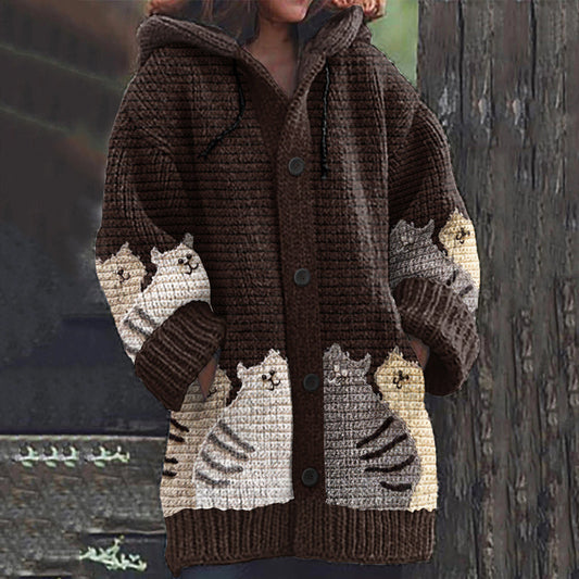 Vintage Cat Embroidery Art Print Cozy Button Sweater elevenforest
