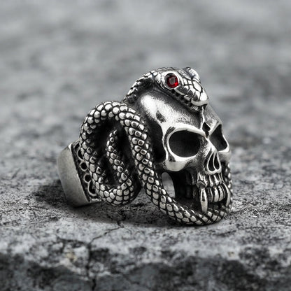 Snake and Skull Ring with Red Crystal Eyes