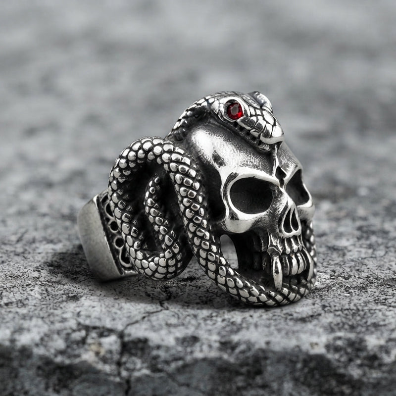 Snake and Skull Ring with Red Crystal Eyes