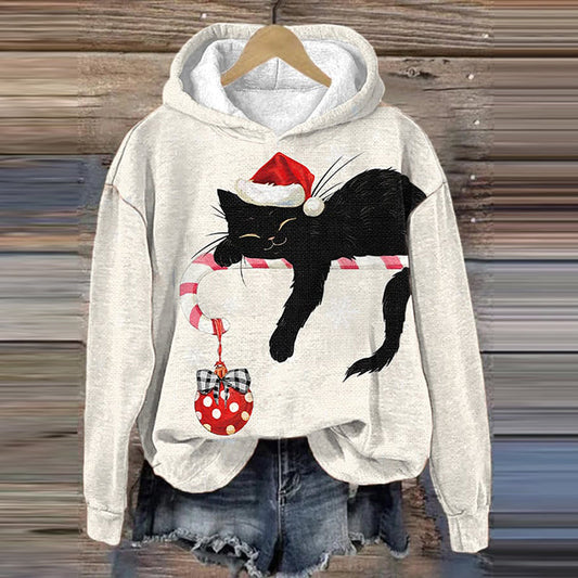 Women's Black Cat Christmas Print Casual Hoodie elevenforest