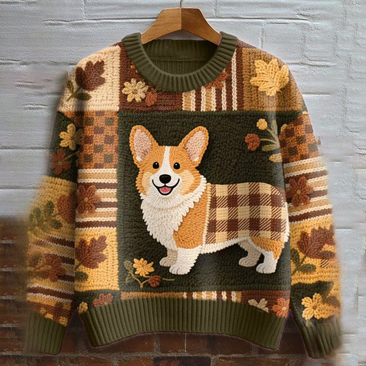 Vintage Corgi Dog With Felt Inspired Embroidered Cozy Knit Sweater elevenforest