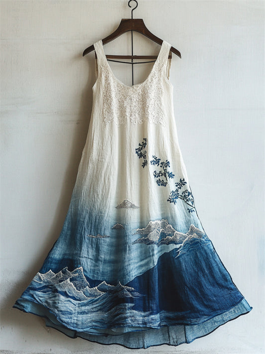 Japanese Sea Waves Ink Art Lace Patchwork Linen Dress artswardrobe