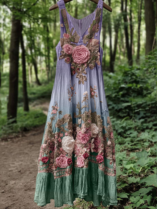 Vintage Classy Boho Gradient Pink Roses Embroidered Linen Maxi Dress artswardrobe